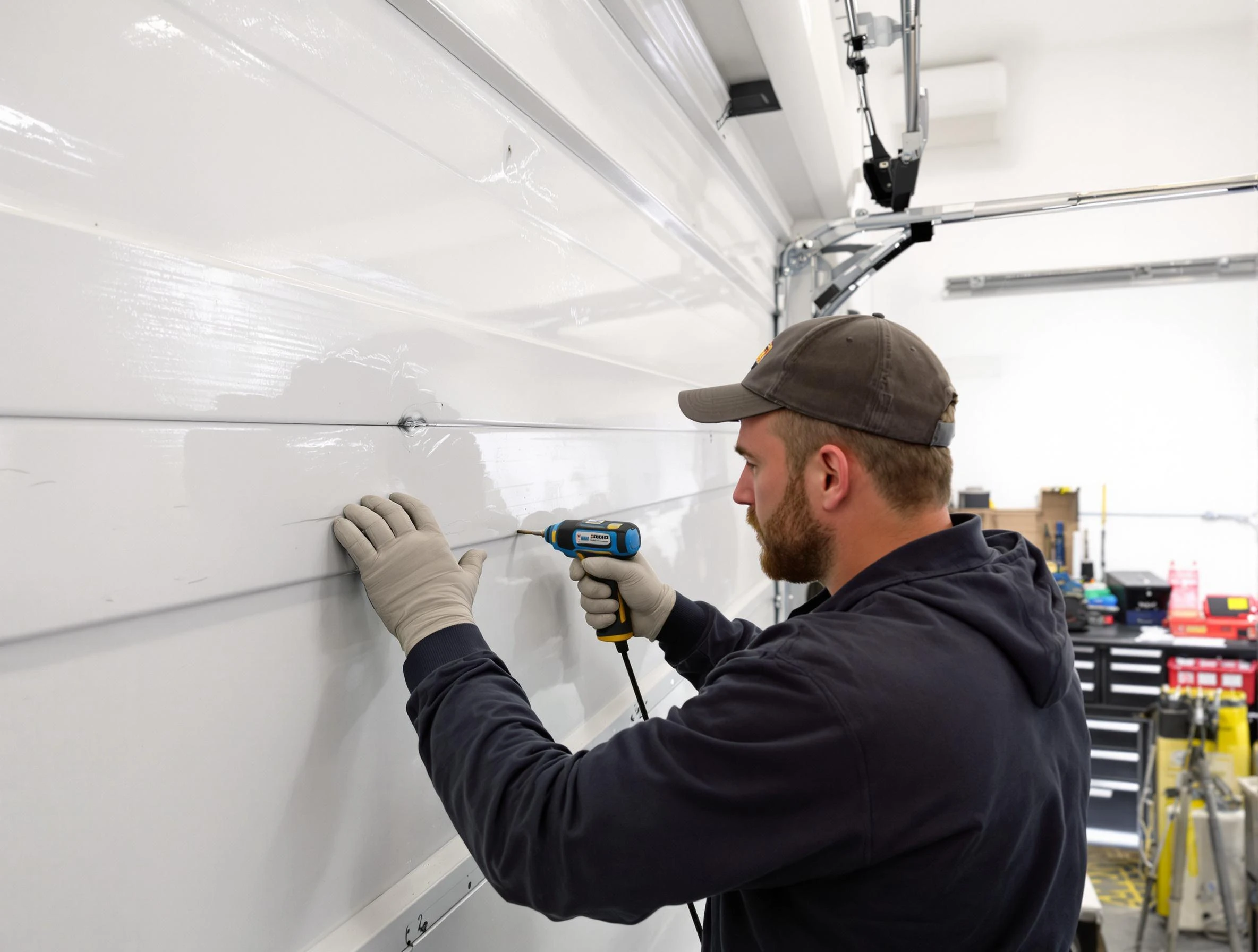 Bonanza Garage Door Repair technician demonstrating precision dent removal techniques on a Bonanza garage door